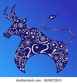 New Year's bull painted with ornaments. Symbol of 2021. Lunar horoscope sign. Bull, ox, cow. Template for your design - poster, card, invitation. Vector illustration