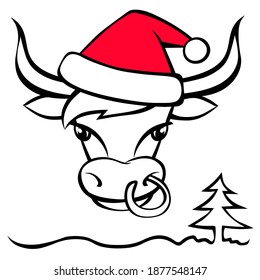New Year's bull in a Santa Claus hat and a nose piercing. Funny bull and Christmas tree. Hand drawn style. Linear sketch. Happy New Year card. Flat image isolated on white background. Vector.