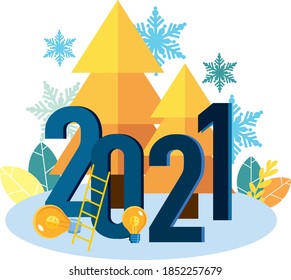 New year's business illustration 2021. Flat design. New year's forest. Isometry. Snowflakes. Large numbers of 2021.