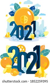 New year's business illustration 2021. Flat design. Big light bulb ideas. Isometry. Snowflakes. Large numbers of 2021. Birth of new ideas.
