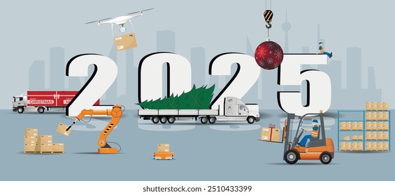 New Year's bustle for the delivery of New Year's goods in the New Year 2025. Warehouse, logistics, delivery. Vector.