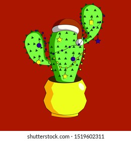New Year's cactus. Cactus Christmas tree. Vector illustration. Christmas cactus.