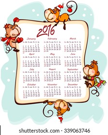 New Year's calendar 2016  with the  monkey