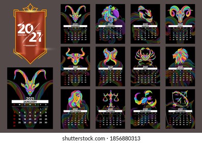 New Year's Calendar 2021, calendar from January to December, template design with zodiac illustrations