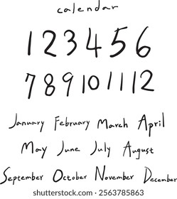 New Year's calendar numbers, with handwritten numbers, English months, natural writing feel