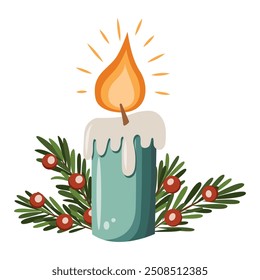 New Year's candle with fir branches and red berries. The candle is the center of the image, while the leaves and berries add a festive touch to the scene.