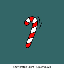 New Year's candy with white and red stripes. Christmas candy on the tree. Vector hand drawn doodle illustration.