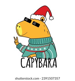 New Year's capybara rodent in a red cap and a knitted sweater.Holidays New Year and Christmas.Vector stock illustration.