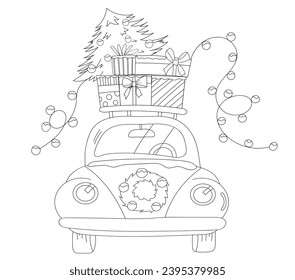 New Year'S Car With Gifts On The Roof And A Christmas Tree Is A Festive Illustration For Children To Color