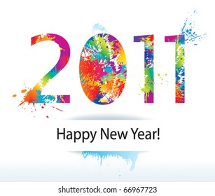 New Year's card 2011 with colorful drops and sprays. Vector illustration.