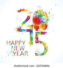 New Year's card 2015 with colorful drops and sprays on a white background. Vector illustration.