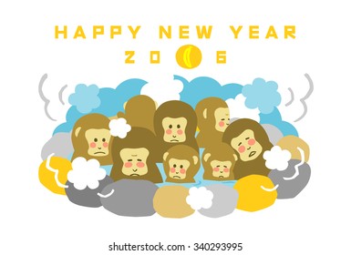 New Year's card 2016 monkey, Japanese Macaques bathing in hot springs