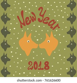 New Year's card 2018 with yellow and green dogs. Decorative texture with dogs. Pattern for design fabric, backgrounds, wrapping paper, package, covers/New year 2018-2
