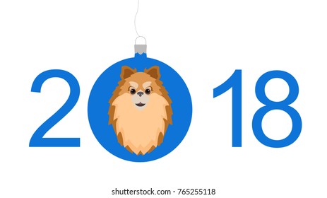 New Year's card 2018.Happy New Year 2018 blue dog. Merry Christmas Dog bauble. New Year Christmas Background template