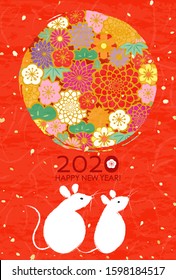 New Year's card 2020 designed with a background like a Japanese kimono pattern and a mouse that is the zodiac of 2020