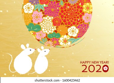 New Year's card 2020 designed with a background like a Japanese kimono pattern and a mouse that is the zodiac of 2020