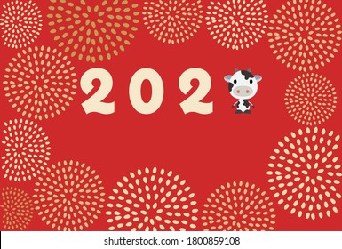 New Year's card for 2021 with a cow face icon and a milk can as a number (red background).