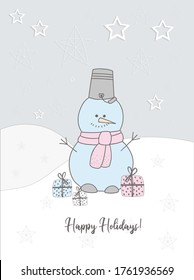 New Year's card of 2021. Cute snowman in a scarf illustration. Winter hand drawn card. winter holiday. Bullock