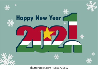 New year's card 2021. Demonstrates the element of the flag of Suriname festive inscription and snowflakes. It can be used as a banner flyer, postcard, website, or national greeting.