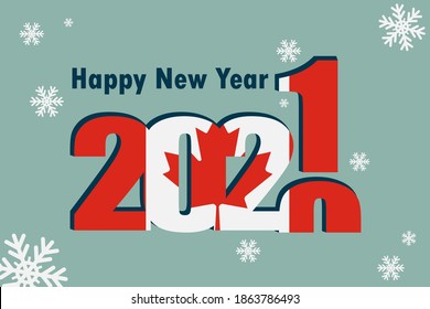 New year's card 2021. Demonstrates an element of the flag of Canada, a festive inscription and snowflakes. It can be used as a banner flyer, postcard, website, or national greeting.