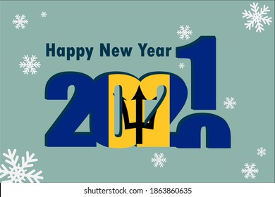 New year's card 2021. Demonstrates an element of the flag of Barbados, festive lettering and snowflakes. It can be used as a banner flyer, postcard, website, or national greeting.