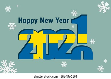 New year's card 2021. Demonstrates the element of the flag of Swedish, a festive inscription and snowflakes. It can be used as a promotional poster, postcard, website, or national greeting.