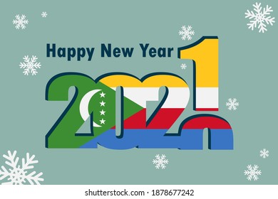 New Year's card 2021. Depicted: element of the flag of the comoros, festive inscription and snowflakes. it can be used as a promotional poster, postcard, flyer, invitation, or website.