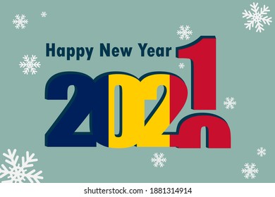 New year's card 2021. Depicted: an element of the flag of Chad, a festive inscription and snowflakes. It can be used as a promotional poster, postcard, flyer, invitation, or website.
