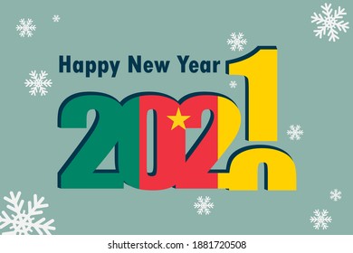 New Year's card 2021. Depicted: element of the flag of Cameroon, festive inscription and snowflakes. It can be used as a promotional poster, postcard, flyer, invitation, or website.