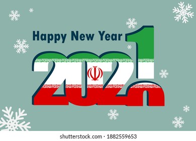 New year's card 2021. Depicted: an element of the flag of Iran, a festive inscription and snowflakes. It can be used as a promotional poster, postcard, flyer, invitation or website.
