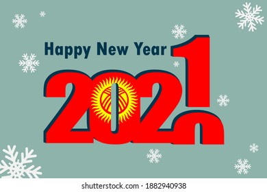 New year's card 2021. Depicted: element of the flag of Kyrgyzstan, festive inscription and snowflakes. It can be used as a promotional poster, postcard, flyer, invitation or website.