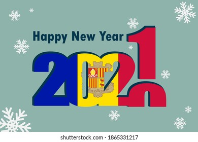 New year's card 2021. An element of the flag of Andorra is depicted, a festive inscription and snowflakes. It can be used as a promotional poster, postcard, website, or national greeting.