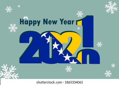 New year's card 2021. An element of the flag of Bosnia and Herzegovina, a festive inscription and snowflakes are depicted. It can be used as a promotional poster, postcard, website.