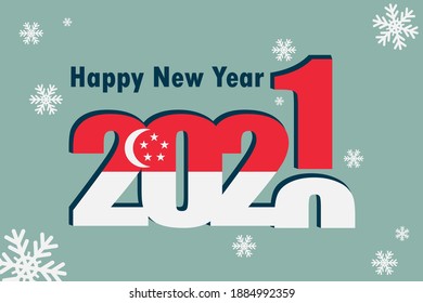 New Year's card 2021. In the photo: an element of the Singapore flag, a festive inscription and snowflakes. It can be used as a promotional poster, postcard, flyer, invitation or website.