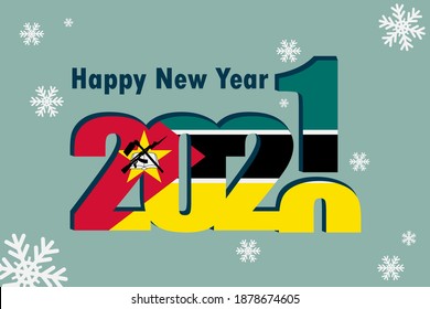 New Year's card 2021. Pictured: an element of the flag of Mozambique, a festive inscription and snowflakes. it can be used as a promotional poster, postcard, flyer, invitation, or website.