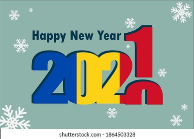 New year's card 2021. It shows an element of the flag of Romania, a festive inscription and snowflakes. It can be used as a promotional poster, postcard, website, or national greeting.