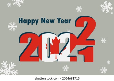 New year's card 2022. Demonstrates an element of the flag of Canada, a festive inscription and snowflakes. It can be used as a banner flyer, postcard, website, or national greeting.