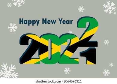 New year's card 2022. Demonstrates an element of the Jamaica flag, holiday lettering, and snowflakes. It can be used as a banner flyer, postcard, website, or national greeting.