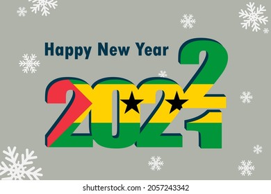 New year's card 2022. Depicted: element of the flag of Sao Tome and Principe, festive inscription and snowflakes. It can be used as a promotional poster, postcard, flyer, invitation or website.