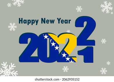 New year's card 2022. An element of the flag of Bosnia and Herzegovina, a festive inscription and snowflakes are depicted. It can be used as a promotional poster, postcard, website.