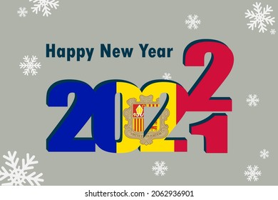 New year's card 2022. An element of the flag of Andorra is depicted, a festive inscription and snowflakes. It can be used as a promotional poster, postcard, website, or national greeting.