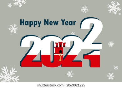 New year's card 2022. An element of the flag of Gibraltar, a festive inscription and snowflakes are depicted. It can be used as a promotional poster, postcard, website, or national greeting.