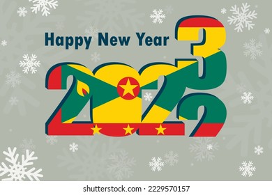 New year's card 2023. Demonstrates an element of the flag of Granada, a festive inscription and snowflakes. It can be used as a banner flyer, postcard, website, or national greeting.