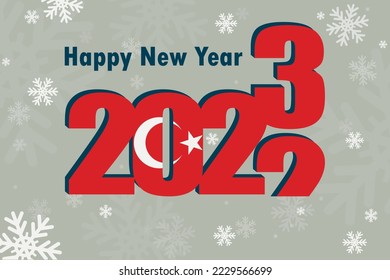 New year's card 2023. Depicted: an element of the flag of Turkey, a festive inscription and snowflakes. It can be used as a promotional poster, postcard, flyer, invitation or website.