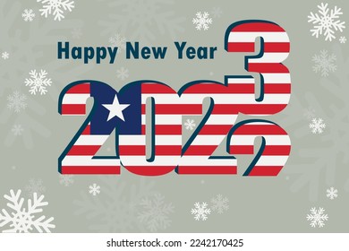New Year's card 2023. Depicted: an element of the flag of Liberia, a festive inscription and snowflakes. It can be used as a promotional poster, postcard, flyer, invitation or website.