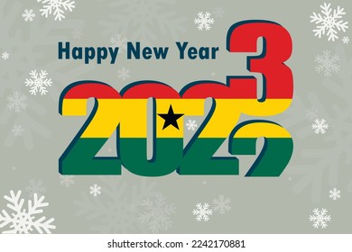 Tarjeta de Año Nuevo 2023. Representado: elemento de la bandera de Ghana, inscripción festiva y copos de nieve. se puede usar como afiche promocional, postal, volante, invitación o sitio web.