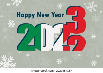 New year's card 2023. An element of the Italian flag, a festive inscription and snowflakes are depicted. It can be used as a promotional poster, postcard, website, or national greeting.