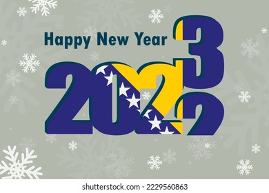 Neujahrskarte 2023. Ein Element der Flagge von Bosnien und Herzegowina, eine festliche Inschrift und Schneeflocken werden dargestellt. Es kann als Werbeplakat, Postkarte, Website verwendet werden.