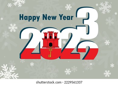 New year's card 2023. An element of the flag of Gibraltar, a festive inscription and snowflakes are depicted. It can be used as a promotional poster, postcard, website, or national greeting.