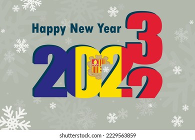 Tarjeta de Año Nuevo 2023. Se representa un elemento de la bandera de Andorra, una inscripción festiva y copos de nieve. Se puede usar como afiche promocional, postal, sitio web o saludo nacional.